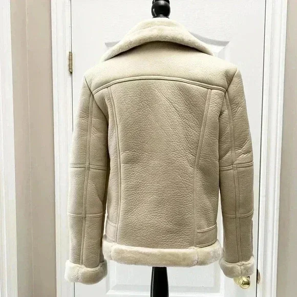Topshop Cora Faux Shearling Moto Aviator Biker Jacket Cream Ecru Size 4 NWOT - Picture 15 of 16